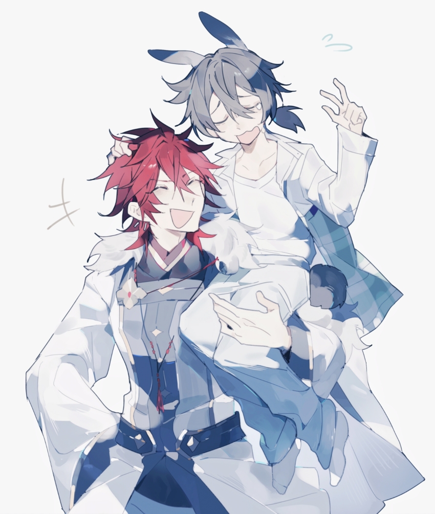 +++ 2boys :d ^_^ absurdres amagi_rinne animal_ears black_hair black_shirt carrying carrying_person chinese_commentary closed_eyes coat commentary_request ensemble_stars! flying_sweatdrops fur-trimmed_coat fur_trim hand_on_another&#039;s_head hand_up highres jacket kemonomimi_mode long_sleeves male_focus multiple_boys no_shoes open_clothes open_coat open_jacket open_mouth pants plaid_clothes plaid_jacket ponytail rabbit_boy rabbit_ears rabbit_tail red_hair shiina_niki shirt short_ponytail side_ponytail simple_background smile socks tail teardrop tie_fei_wu_mang_dashuai u_u white_background white_coat white_jacket white_pants white_shirt white_socks