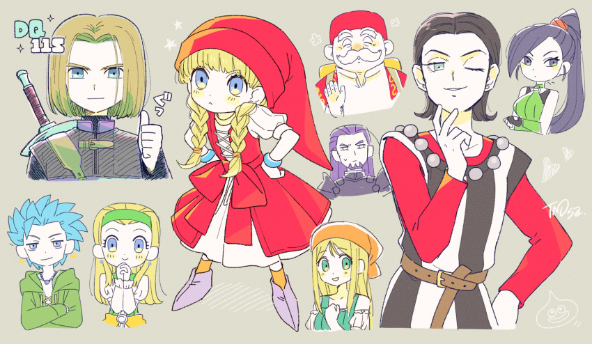 4girls 5boys :&lt; armor bandana bead_necklace beads black_hair blonde_hair blue_eyes blue_hair bracelet braid brown_hair camus_(dq11) crossed_arms dragon_quest dragon_quest_xi earrings emma_(dq11) facial_hair fingerless_gloves frown gloves goatee green_eyes green_hairband greig_(dq11) hairband hands_on_own_hips hat hero_(dq11) high_ponytail highres jewelry long_hair low_twin_braids martina_(dq11) medium_hair multiple_boys multiple_girls mustache necklace one_eye_closed orange_bandana own_hands_clasped own_hands_together ponytail purple_eyes purple_hair red_headwear row_(dq11) senya_(dq11) smile spiked_hair stud_earrings sword sword_on_back sylvia_(dq11) thumbs_up tsunoji twin_braids veronica_(dq11) weapon weapon_on_back