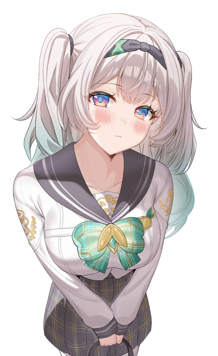 1girl absurdres blue_eyes blush bow bowtie breasts closed_mouth commentary_request devl_ga_aru firefly_(honkai:_star_rail) firefly_(spring_missive)_(honkai:_star_rail) gradient_eyes gradient_hair green_bow green_bowtie grey_hair grey_hairband grey_sailor_collar grey_skirt hair_between_eyes hair_intakes hair_tie hairband highres holding honkai:_star_rail honkai_(series) large_breasts long_hair looking_at_viewer multicolored_eyes multicolored_hair own_hands_together pleated_skirt sailor_collar simple_background skirt solo twintails white_background