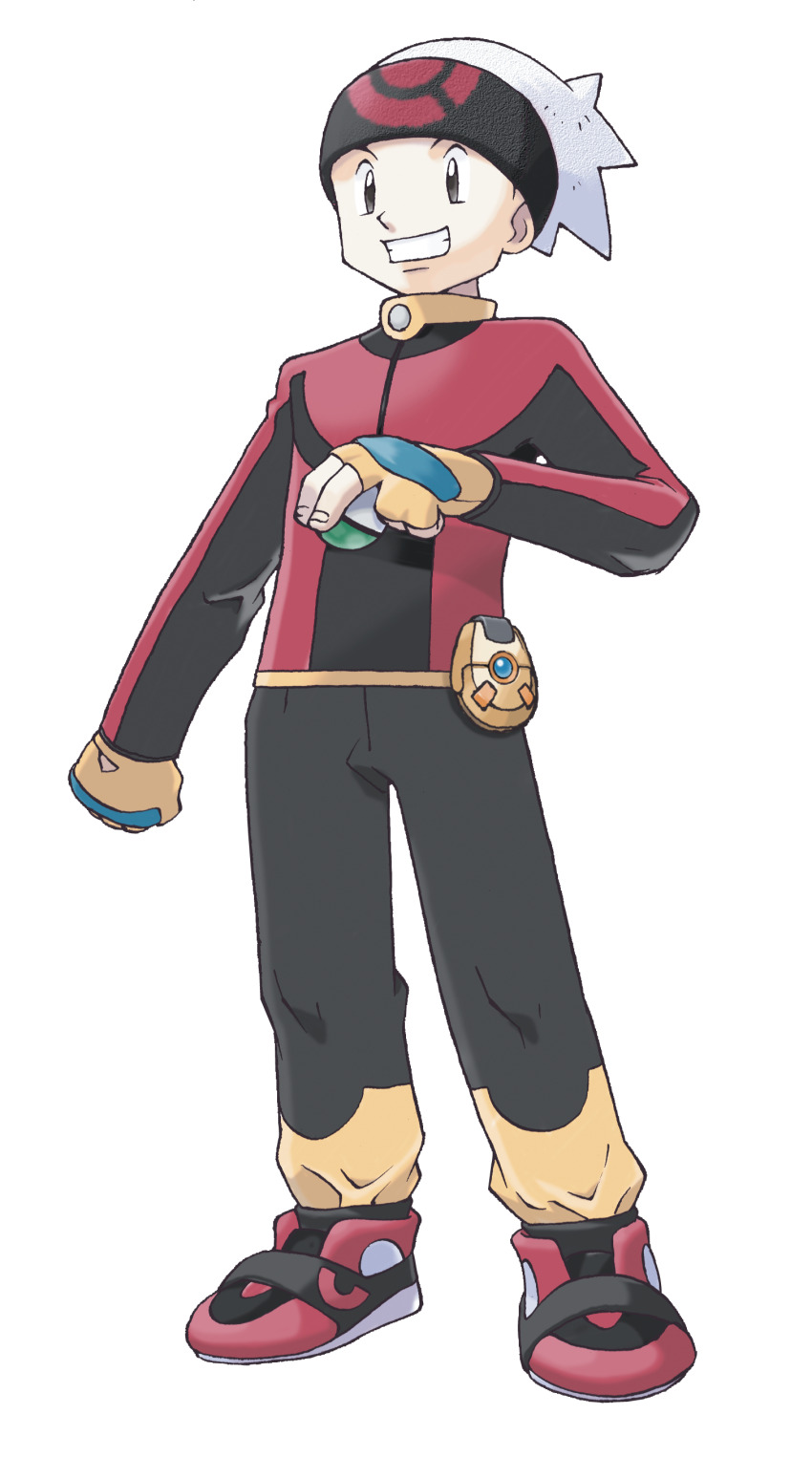 1boy absurdres beanie blue_gloves brendan_(pokemon) clenched_hand fingerless_gloves full_body gloves grey_pants grin hat highres holding holding_poke_ball jacket long_sleeves loose_pants male_focus nintendo official_art pants pants_tucked_in poke_ball poke_ball_print pokemon pokemon_rse pokenav red_jacket red_shoes shoes short_hair smile sneakers solo standing sugimori_ken teeth third-party_source transparent_background two-tone_gloves white_hat yellow_gloves