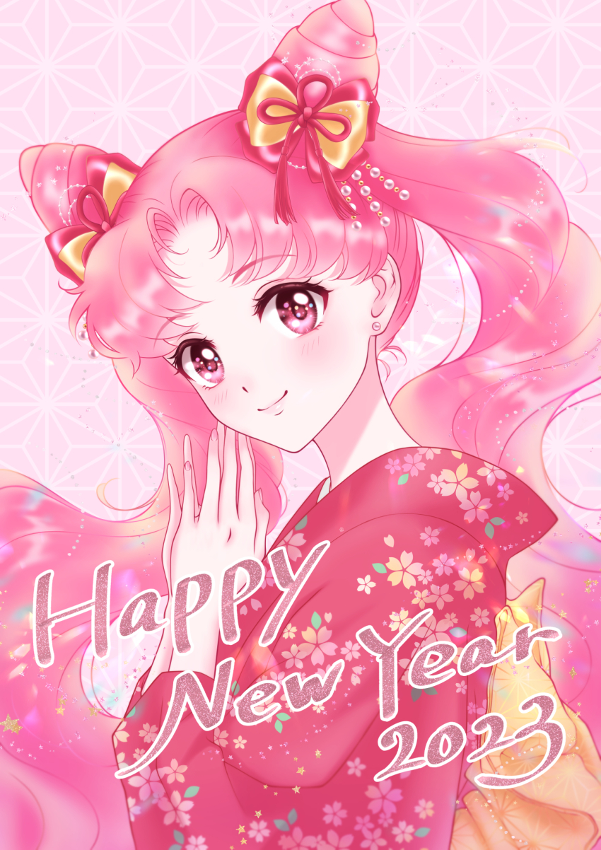 1girl 2023 aged_up asa_no_ha_(pattern) bishoujo_senshi_sailor_moon blush bow chibi_usa closed_mouth cone_hair_bun double_bun earrings floral_print hair_bow hair_bun hair_ornament happy_new_year highres japanese_clothes jewelry kimono long_hair looking_at_viewer nengajou new_year pink_eyes pink_hair pink_theme print_kimono red_bow red_kimono smile solo tsumagari_yuki twintails yellow_bow
