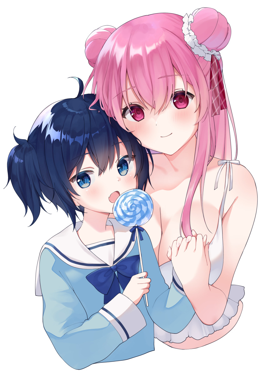 2girls absurdres ahoge bare_shoulders blue_bow blue_bowtie blue_eyes blue_hair blue_ribbon blue_serafuku blush bow bowtie breasts camisole candy closed_mouth collarbone fang fingernails food hair_between_eyes hair_ribbon happy_sugar_life highres holding holding_candy holding_food holding_hands holding_lollipop koube_shio large_breasts lollipop long_hair long_sleeves looking_at_viewer matsuzaka_satou medium_hair multiple_girls nigi_(ngmnoym) pink_eyes pink_hair pink_nails pink_ribbon plaid_ribbon ribbon sailor_collar school_uniform serafuku simple_background skin_fang smile swirl_lollipop twintails white_background white_camisole white_ribbon white_sailor_collar