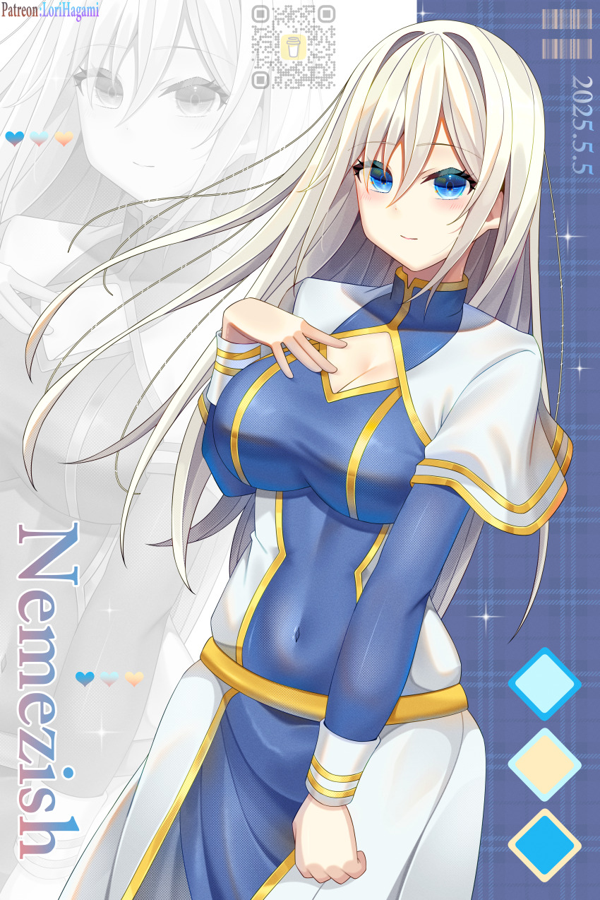 1girl absurdres barcode blue_dress blue_eyes blush breasts capelet cleavage cleavage_cutout closed_mouth clothing_cutout commission commissioner_upload covered_navel dress hair_between_eyes hand_on_own_chest highres long_hair long_sleeves looking_at_viewer lori_hagami medium_breasts nemezish official_art patreon_username qr_code smile solo very_long_hair ways_of_darkness_(series) white_capelet white_hair