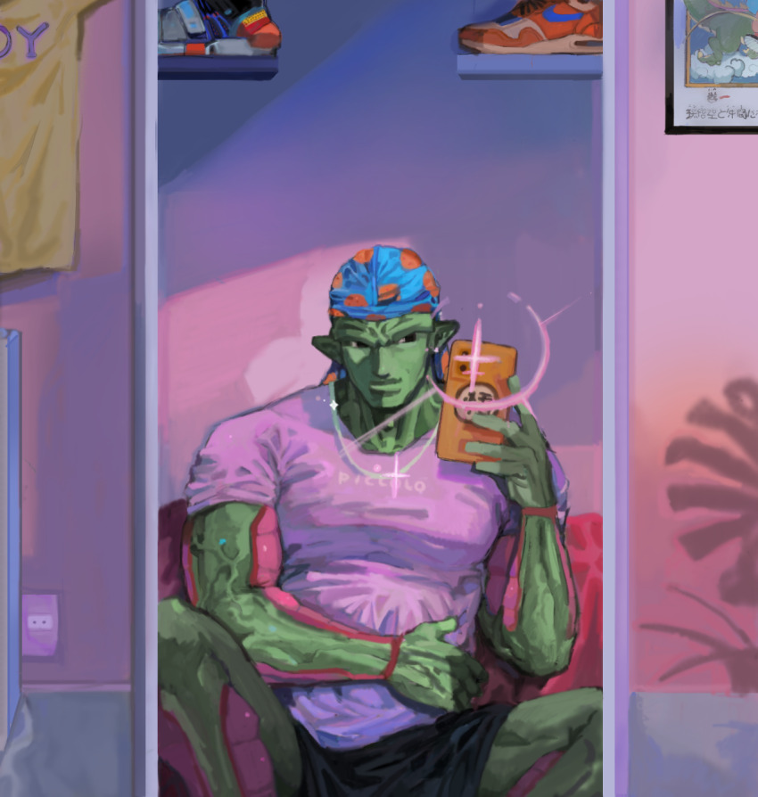 1boy black_shorts cellphone colored_skin commentary dragon_ball durag english_commentary full-length_mirror green_skin highres holding holding_phone indoors male_focus mirror momopatchi namekian phone piccolo purple_shirt selfie shirt shoes short_sleeves shorts sitting smartphone solo unworn_shoes