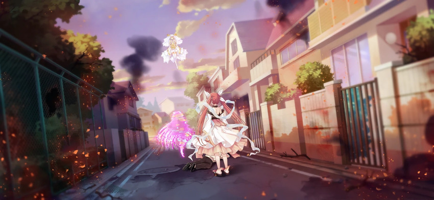 3girls ahoge bridal_veil chain-link_fence cloud date_a_live date_a_live:_spirit_pledge dress dutch_angle elbow_gloves fence floating game_cg gloves horns house itsuka_kotori_(spirit) japanese_clothes long_hair multiple_girls official_art outdoors red_hair ribbon sash short_hair smoke smoke_trail standing third-party_source tobiichi_origami_(spirit) tree twintails veil white_dress white_hair white_ribbon wide_sleeves window