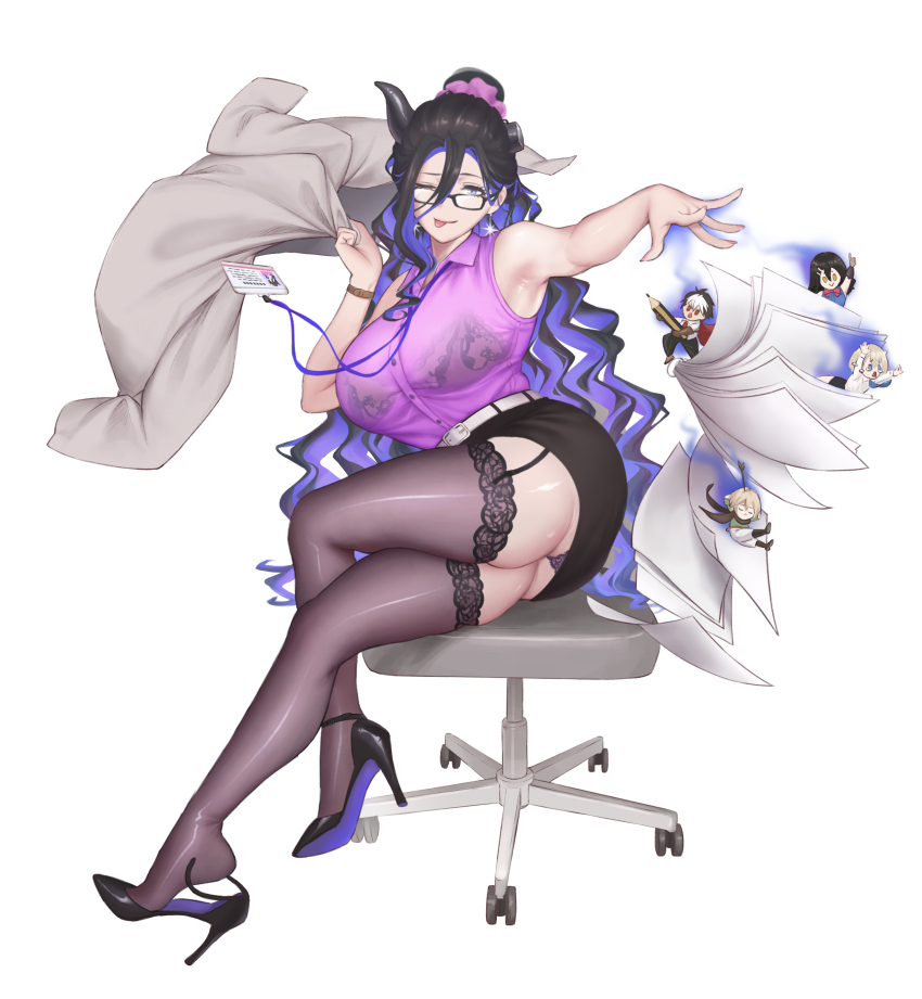 2boys 3girls 57lc absurdres armpits ass belt black_footwear black_hair black_skirt bra breasts broken_horn brown_dust_(series) brown_dust_2 brown_thighhighs chair chibi colored_inner_hair crossed_legs demon_girl demon_horns earrings eclipse_(brown_dust_2) eyebrows_hidden_by_hair full_body garter_belt gray_(brown_dust) hair_between_eyes hair_ornament hair_scrunchie high_heels highres holding holding_jacket holding_pencil holding_unworn_clothes horns id_card jacket jewelry justia_(brown_dust) lace lace_bra lanyard large_breasts lathel_(brown_dust) long_hair multicolored_hair multiple_boys multiple_girls office_chair office_lady one_eye_closed panicking panties panty_peek paper pencil pointing pointing_up purple_hair purple_panties purple_shirt scheherazade_(brown_dust) scrunchie see-through_clothes see-through_shirt shirt simple_background sitting skirt sleeveless sleeveless_shirt smile stiletto_heels swivel_chair thighhighs throwing tongue tongue_out two-tone_hair underwear unworn_footwear unworn_jacket very_long_hair white_background