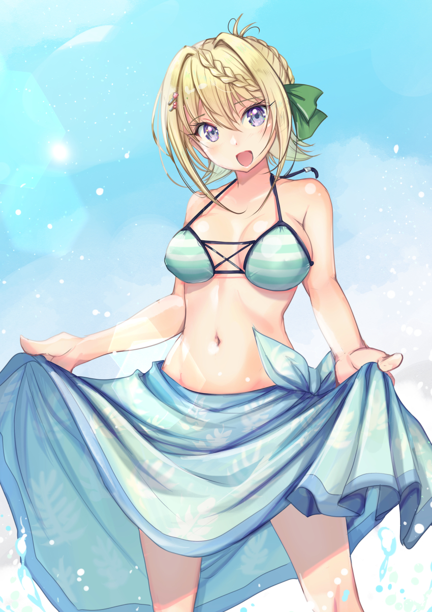 1girl absurdres bikini blonde_hair braid braided_bangs braided_bun breasts clothes_lift commentary_request cowboy_shot hair_bun highres kantai_collection long_hair looking_at_viewer medium_breasts official_alternate_costume perth_(kancolle) perth_(swimsuit)_(kancolle) purple_eyes sarong sarong_lift smile solo striped_bikini striped_clothes swimsuit yashin_(yasinz)