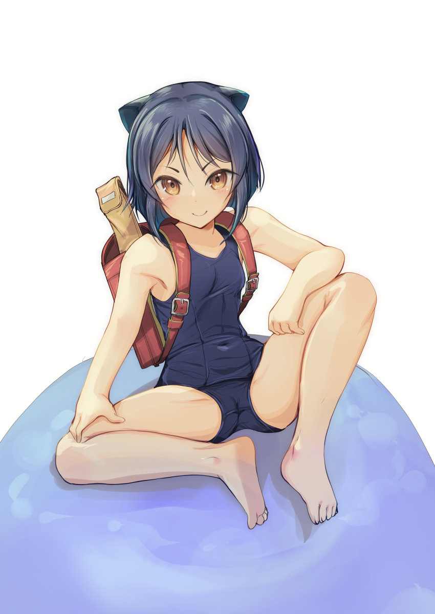 1girl absurdres animal_ears arcana_heart backpack bag barefoot blue_hair blue_one-piece_swimsuit breasts brown_eyes cat_ears covered_navel daidouji_kira full_body highres looking_at_viewer one-piece_swimsuit randoseru school_swimsuit short_hair sitting small_breasts solo swimsuit yashin_(yasinz)