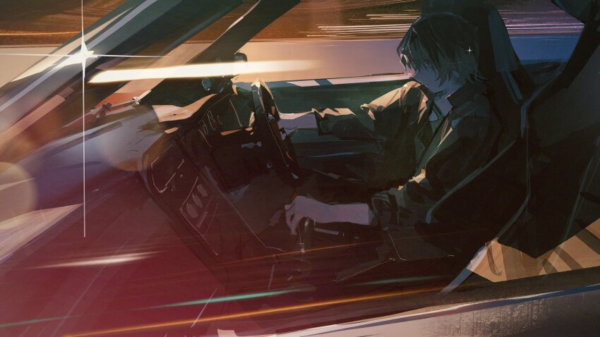 1girl aamond closed_mouth commentary driving eternal_polaris from_side glint highres jacket light_trail long_sleeves looking_ahead motion_blur night nissan_skyline nissan_skyline_r33 open_clothes open_jacket pants short_hair shutokou_battle shutokou_battle_(2025) solo steering_wheel upper_body vehicle_interior