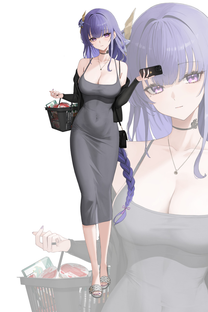 1girl absurdres alternate_costume bag bare_shoulders basket black_bag black_jacket breasts cellphone cleavage closed_mouth clothes_down collarbone commentary contemporary covered_navel dongtan_dress dress full_body genshin_impact grey_dress hair_ornament handbag highres holding holding_basket holding_phone jacket jewelry large_breasts long_hair looking_at_viewer low-braided_long_hair low-tied_long_hair meme_attire nail_polish necklace paid_reward_available phone purple_eyes purple_hair purple_nails raiden_shogun rikui_(rella2930) sandals shopping_basket sidelocks simple_background smartphone solo toenail_polish toenails toes very_long_hair white_background zoom_layer