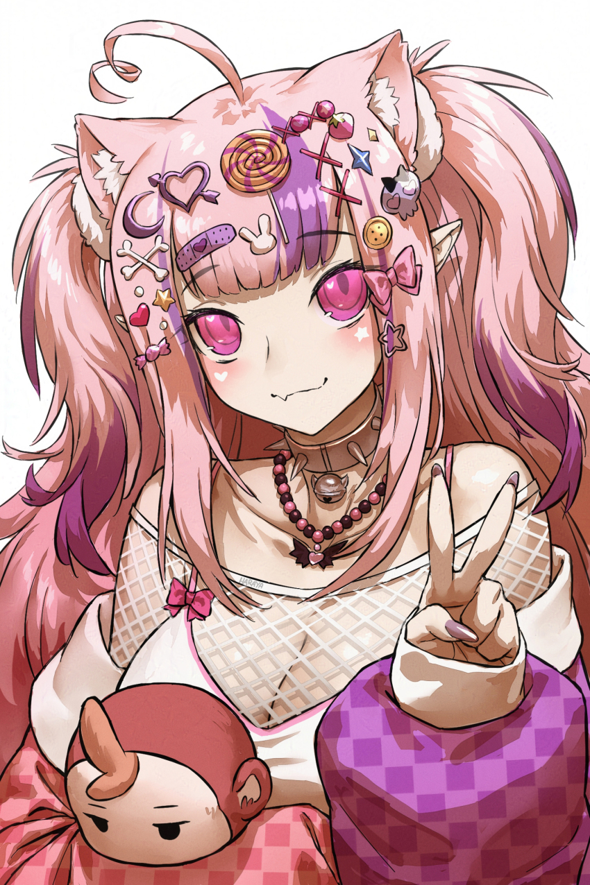 1girl ahoge animal_ears bandaid bandaid_hair_ornament bone_hair_ornament bow bra_over_clothes breasts button_hair_ornament candy_hair_ornament cat_ears cdawgva character_doll checkered_clothes checkered_jacket choker decora doll fang food-themed_hair_ornament hair_bow hair_ornament haraya_manawari heart heart_ahoge heart_hair_ornament highres hugging_doll hugging_object ironmouse ironmouse_(decora) jacket lollipop_hair_ornament long_hair looking_at_viewer multicolored_hair pink_hair pointy_ears purple_eyes purple_hair skin_fang skull_hair_ornament solo spiked_choker spikes star_(symbol) strawberry_hair_ornament streaked_hair stuffed_toy trash_taste twintails virtual_youtuber vshojo