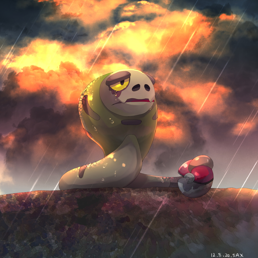 animal_focus artist_name black_eyes broken cloud cloudy_sky colored_sclera crying dated fangs full_body gen_8_pokemon half-closed_eyes highres nintendo no_humans open_mouth orange_sky poke_ball poke_ball_(basic) pokemon pokemon_(creature) rain sad sax_(sax_e) signature silicobra skin_fangs sky snake solo tears yellow_sclera