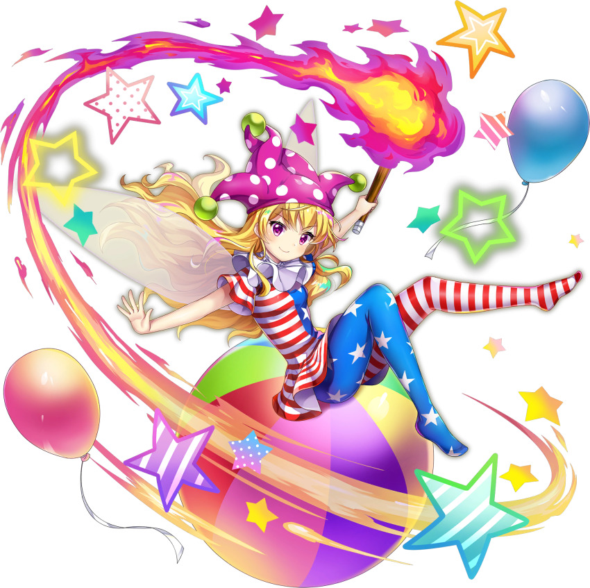 1girl american_flag american_flag_dress american_flag_legwear american_flag_print asymmetrical_legwear ball balloon beachball blonde_hair breasts closed_mouth clownpiece dress fairy fairy_wings flag_print full_body game_cg hat highres holding holding_torch jester_cap long_hair looking_at_viewer mismatched_legwear neck_ruff official_art pantyhose pink_eyes pink_hat polka_dot_headwear rotte_(1109) short_sleeves sitting_on_ball smile solo star_(symbol) star_print striped_clothes striped_dress striped_pantyhose third-party_source torch touhou touhou_lostword transparent_background very_long_hair wings