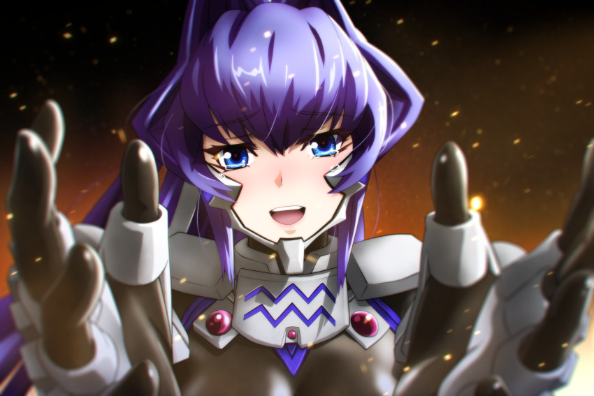 1girl black_bodysuit black_gloves blue_eyes blue_hair blurry blurry_foreground bodysuit breasts embers fortified_suit genya_(genya67) gloves hair_intakes head_tilt highres long_hair looking_at_viewer mecha_pilot_suit medium_breasts mitsurugi_meiya muv-luv muv-luv_alternative open_hands open_mouth pilot_suit portrait smile solo straight-on tears teeth upper_teeth_only