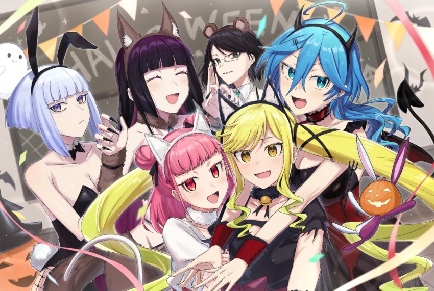 6+girls animal_costume animal_ears aoki_shizumi blonde_hair blue_eyes blue_hair breasts cleavage demon_costume demon_horns fake_animal_ears female_focus halloween halloween_costume highres horns isemi_tina kurogane_otoha large_breasts long_hair looking_at_viewer matching_hair/eyes medium_breasts multiple_girls pink_hair playboy_bunny purple_eyes purple_hair rabbit_ears red_eyes rock_wa_lady_no_tashinami_deshite shiraya_tamaki short_hair siblings sisters small_breasts suzunomiya_lilisa twintails white_hair wolf_costume wolf_ears yellow_eyes