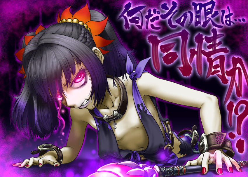 1girl bare_shoulders belt black_neckwear black_thighhighs boro bracelet choker glowing glowing_eyes hair_ornament jewelry mole mole_under_eye pale_skin purple_background purple_eyes purple_hair revealing_clothes scowl short_hair solo symonne_(tales) tales_of_(series) tales_of_zestiria thighhighs translation_request twintails