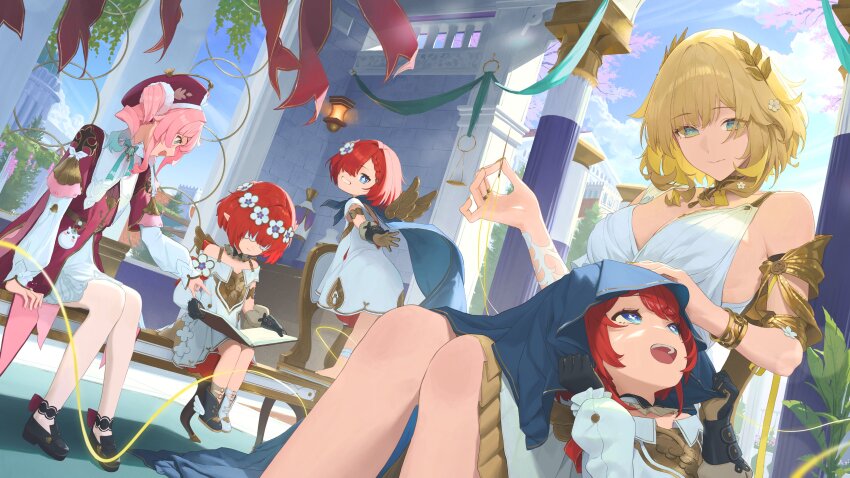 2525_lynn 5girls absurdres aglaea_(honkai:_star_rail) ancient_greek_clothes angel_wings architecture black_shoes blonde_hair blue_eyes blue_sky breasts cleavage commentary_request dress greco-roman_architecture greco-roman_clothes green_eyes hair_over_one_eye hat head_wreath highres holding holding_needle honkai:_star_rail honkai_(series) hyacine_(honkai:_star_rail) large_breasts laurel_crown looking_at_another multiple_girls needle on_bench on_lap open_mouth outdoors pink_hair red_hair red_hat shoes short_hair sitting sky stone_pillar thread trianne_(honkai:_star_rail) tribbie_(honkai:_star_rail) trinnon_(honkai:_star_rail) twintails white_blindfold white_dress wings