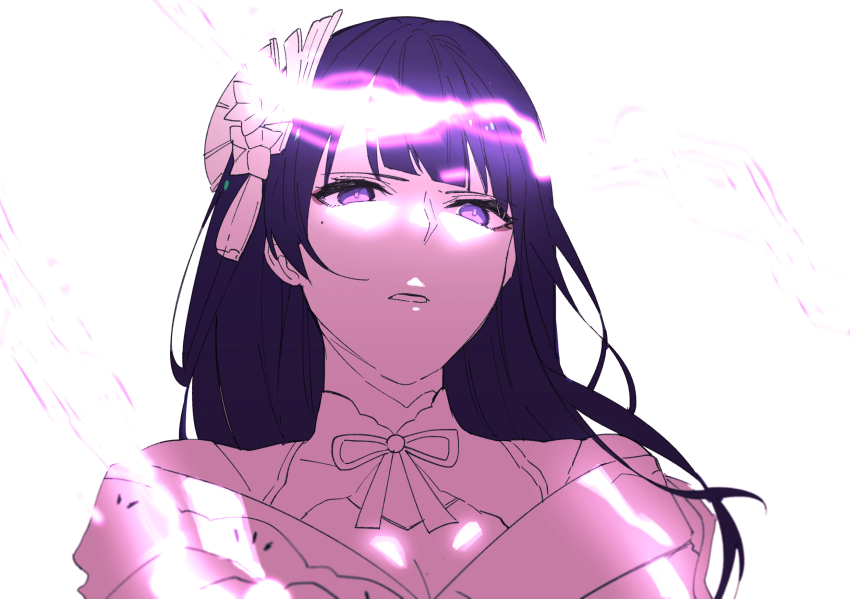 1girl blunt_bangs breasts cleavage clothing_cutout electricity fare female_pov from_below genshin_impact hair_ornament head_tilt highres implied_yuri japanese_clothes kimono large_breasts long_hair looking_down mixed-language_commentary mole mole_under_eye monochrome neck_ribbon off_shoulder parted_lips pov purple_eyes purple_hair raiden_shogun ribbon shade shoulder_cutout solo standing teeth upper_body white_background