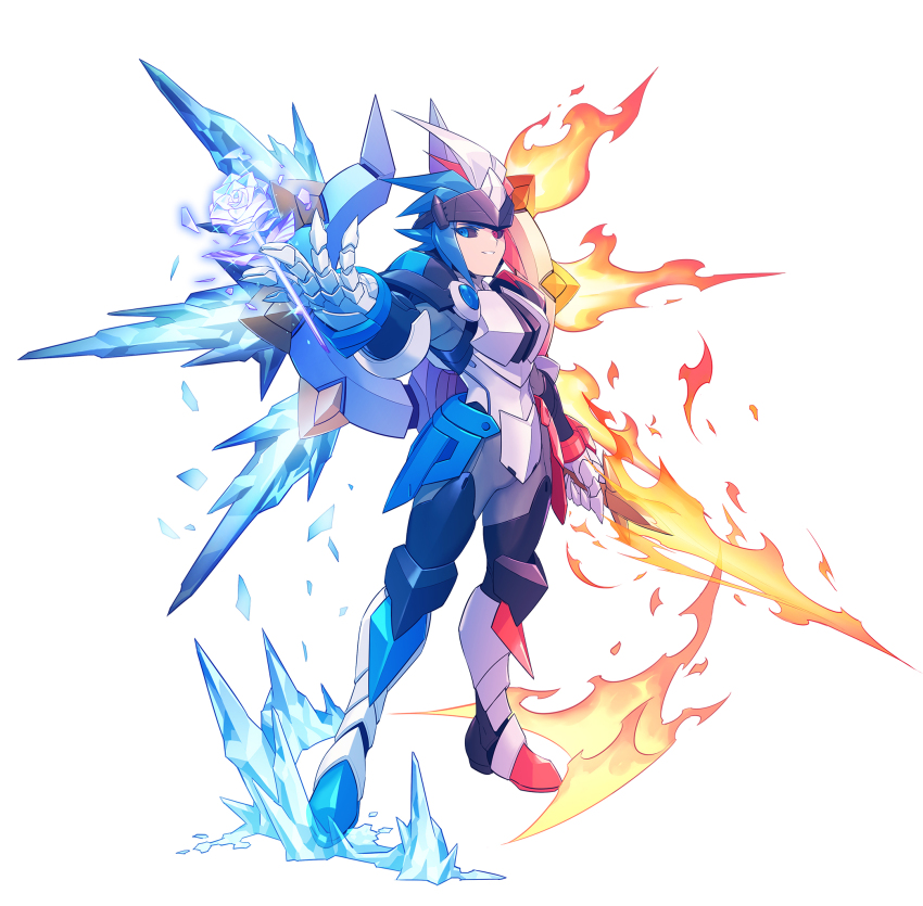 armor azure_striker_gunvolt azure_striker_gunvolt_3 black_sclera blue_eyes blue_hair colored_sclera fire flaming_sword flaming_weapon flower full_body headgear heterochromia highres holding holding_sword holding_weapon ice ice_flower multicolored_hair official_art prado_(gunvolt) red_eyes red_hair rose short_hair simple_background sword two-tone_hair weapon white_armor white_background