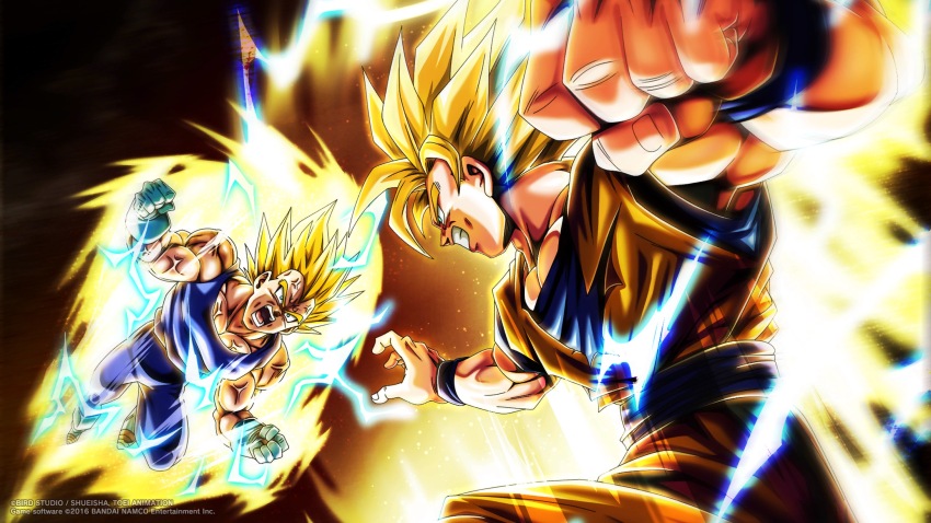 2016 2boys absurdres artist_request aura blonde_hair blue_leggings blue_tank_top clenched_teeth dougi dragon_ball dragon_ball_xenoverse dragonball_z fighting fighting_stance gloves green_eyes highres leg_up leggings lightning loading_screen majin_vegeta male_focus multiple_boys muscular muscular_male official_art official_wallpaper open_mouth short_hair son_goku spiked_hair super_saiyan super_saiyan_2 tank_top teeth third-party_source torn_clothes v-shaped_eyebrows vegeta veins veiny_arms veiny_face veiny_pectorals watermark white_gloves wide-eyed widow&#039;s_peak