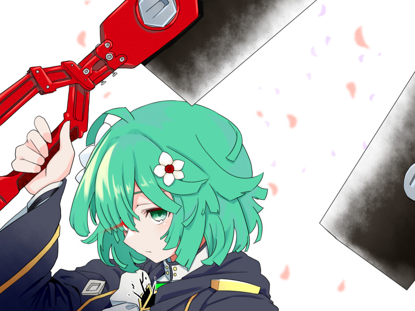 1girl andreana_(madoka_magica) black_jacket blunt_ends bow bowtie closed_mouth commentary_request doppel_(madoka_magica) eye_trail flower green_eyes green_hair hair_flower hair_ornament holding holding_weapon jacket light_trail long_hair magia_record:_mahou_shoujo_madoka_magica_gaiden mahou_shoujo_madoka_magica medium_hair natsume_kako petals shirt solo sonohi210 soul_gem transparent_background weapon white_bow white_bowtie white_flower white_shirt wide_sleeves