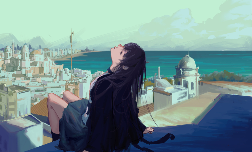 1girl absurdres arm_support arms_at_sides beach black_choker black_hair black_jacket choker city cityscape closed_eyes closed_mouth cloud commentary day dome english_commentary facing_up full_body grey_skirt highres jacket long_hair meteorecho ocean on_rooftop open_clothes open_jacket original outdoors rooftop sand scenery shade shadow shirt sitting skirt solo sunlight tower tree white_shirt