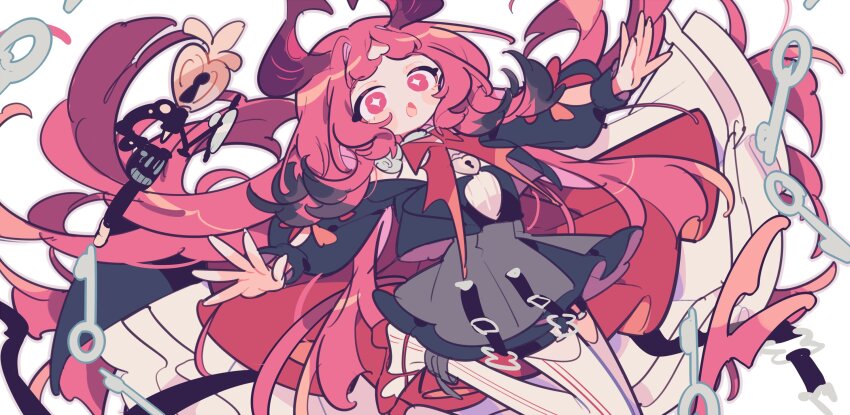 +_+ 1girl arknights black_hair black_jacket black_skirt blush cape colored_tips commentary_request cropped_jacket full_body highres jacket jewelry jumping key locket long_hair looking_at_viewer multicolored_hair nymph_(arknights) open_mouth outstretched_arms pendant pink_eyes pink_hair red_cape red_shoes shirt shoes simple_background skirt solo spread_arms thighhighs white_background white_shirt white_thighhighs ym_dpl