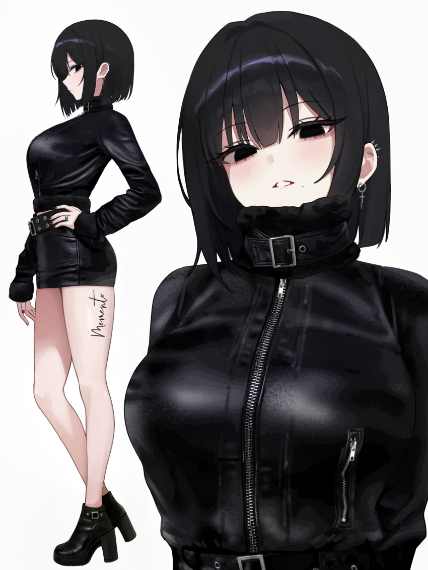 1girl absurdres belt biya_(1024) black_eyes black_hair black_jacket black_shorts boots breasts high_heel_boots high_heels highres jacket large_breasts long_sleeves looking_at_viewer multiple_views original parted_lips short_hair shorts zipper