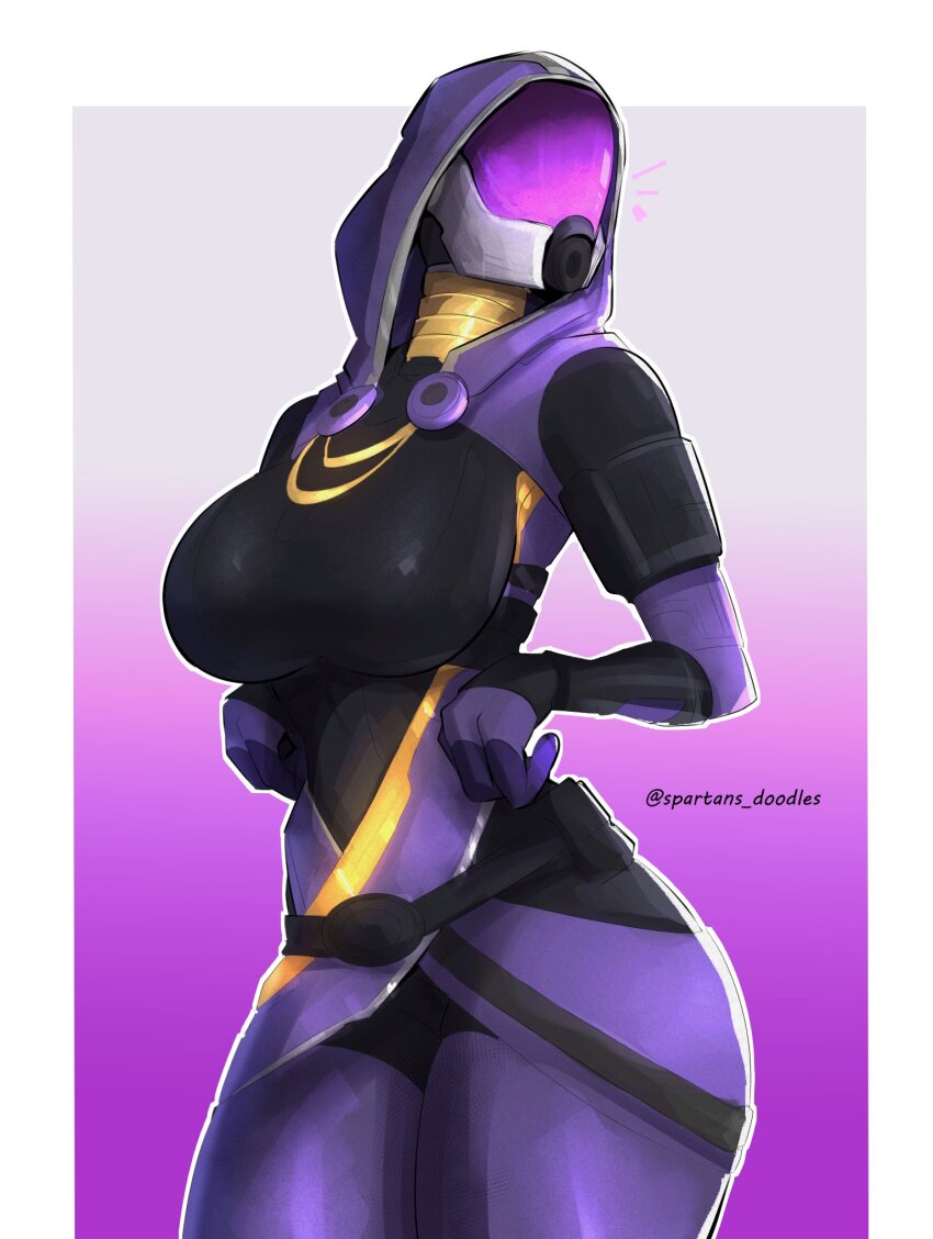 1girl black_bodysuit bodysuit border breasts cleavage commentary cowboy_shot english_commentary facing_to_the_side fewer_digits gloves helmet highres hood hood_up large_breasts mass_effect_(series) mass_effect_3 notice_lines outside_border pantyhose purple_background purple_gloves purple_pantyhose quarian solo spartans_doodles tali&#039;zorah twitter_username white_border