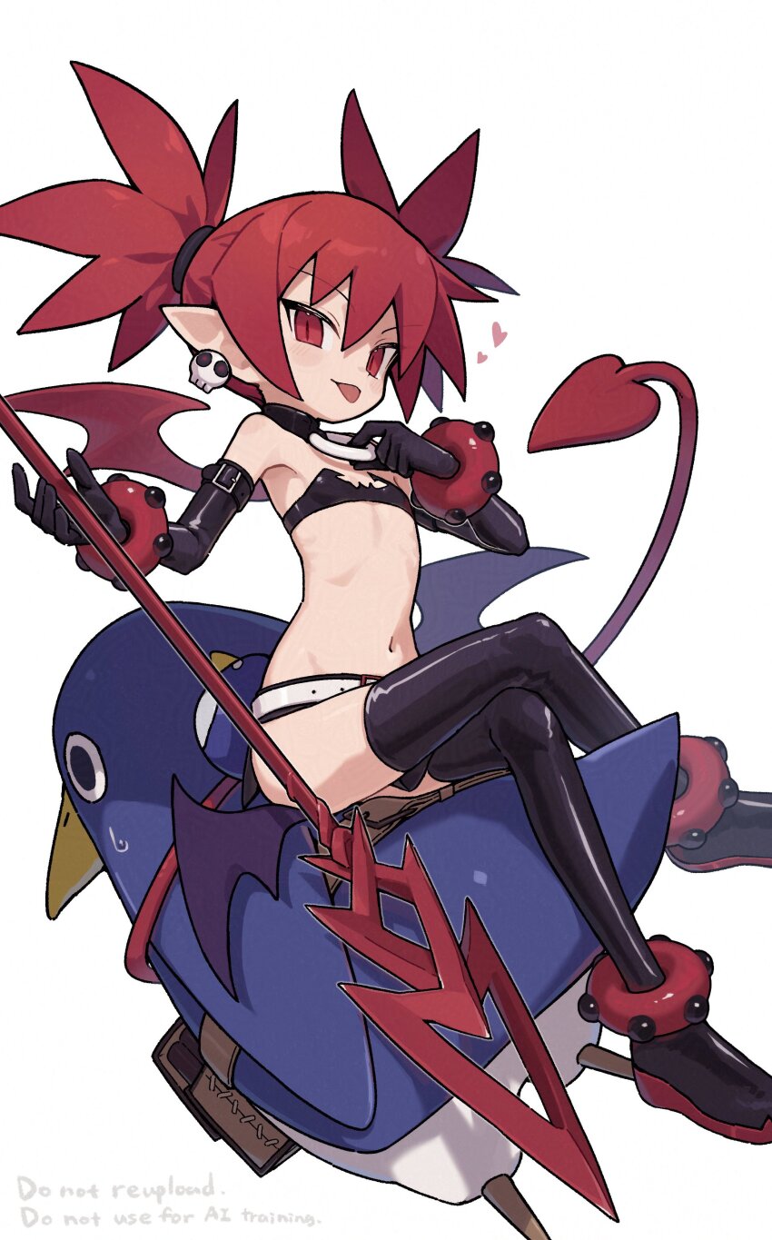 1girl :&lt; :p absurdres adjusting_choker anklet armpits bandeau bangle bare_shoulders bird black_bandeau black_choker black_gloves boots bracelet choker closed_mouth commentary_request crossed_legs demon_girl demon_tail demon_wings disgaea dot_nose earrings elbow_gloves english_text etna_(disgaea) flat_chest full_body gloves hair_between_eyes heart highres jewelry lance linea_alba looking_at_viewer medium_hair miniskirt navel peg_leg pencil_skirt pendant_choker penguin pointy_ears polearm prinny purple_wings red_eyes red_hair red_wings ribs side_slit sidelocks simple_background sitting_on_animal skirt skull_earrings slit_pupils straight_hair sweatdrop tail thigh_boots tongue tongue_out tsurime twintails weapon white_background wings zizi_niisan