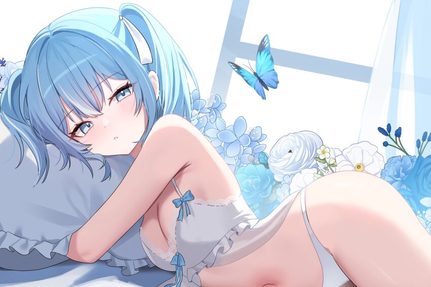 1girl arahashi_tabi armpit_crease babydoll bare_shoulders blue_eyes blue_hair breasts bug butterfly cleavage commentary hair_ribbon highres hugging_object insect lace_trim lingerie long_hair looking_at_viewer lying medium_breasts nannung navel on_side panties parted_lips pillow pillow_hug ribbon solo stellive stomach twintails underwear virtual_youtuber white_babydoll white_panties