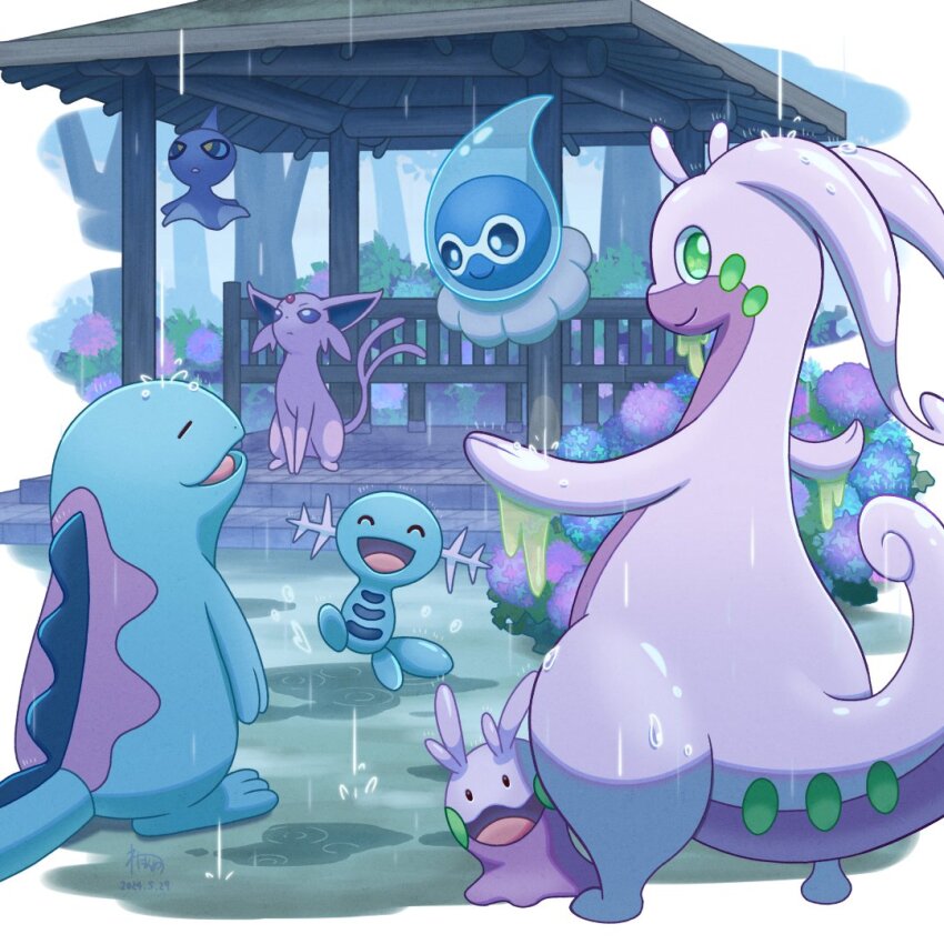 blue_eyes castform castform_(rainy) closed_eyes closed_mouth espeon flower gen_2_pokemon gen_3_pokemon gen_6_pokemon goodra goomy green_eyes nintendo open_mouth pokemon pokemon_(creature) purple_eyes quagsire rain shuppet smile wataame4907 wet wooper