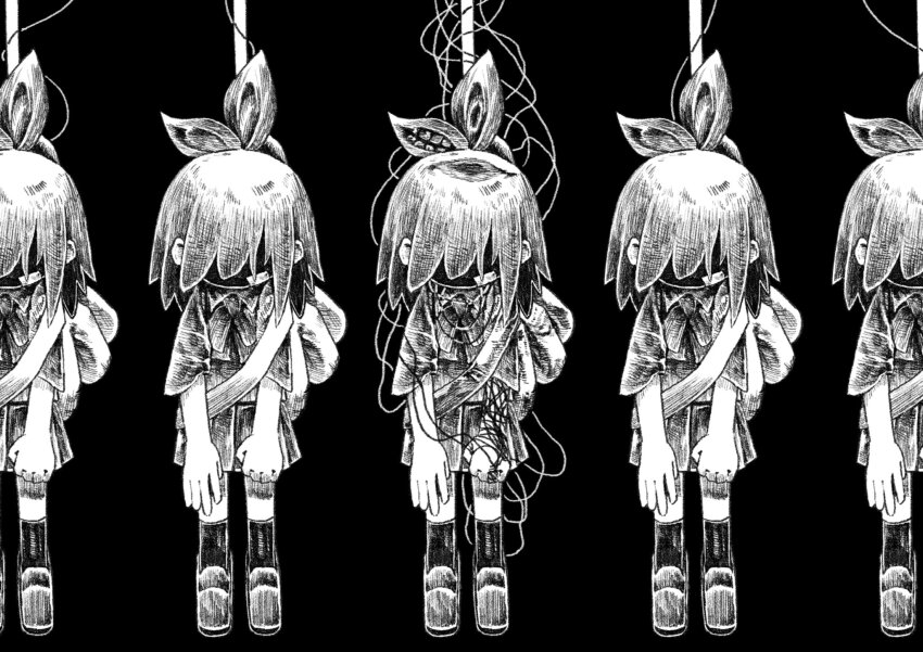 5girls bag bandage_on_face bandages bow clenched_hand clone collared_shirt dark_background disembodied_eye disembodied_mouth faceless faceless_female full_body greyscale hair_bow hanged hatching_(texture) head_down highres kilsturgeon kneehighs loafers long_hair monochrome multiple_girls neck_ribbon pleated_skirt ponytail recurring_image ribbon shin_yomawari shirt shoes short_sleeves shoulder_bag simple_background skirt socks spoilers straight-on string yomawari_(series) yui_(yomawari)