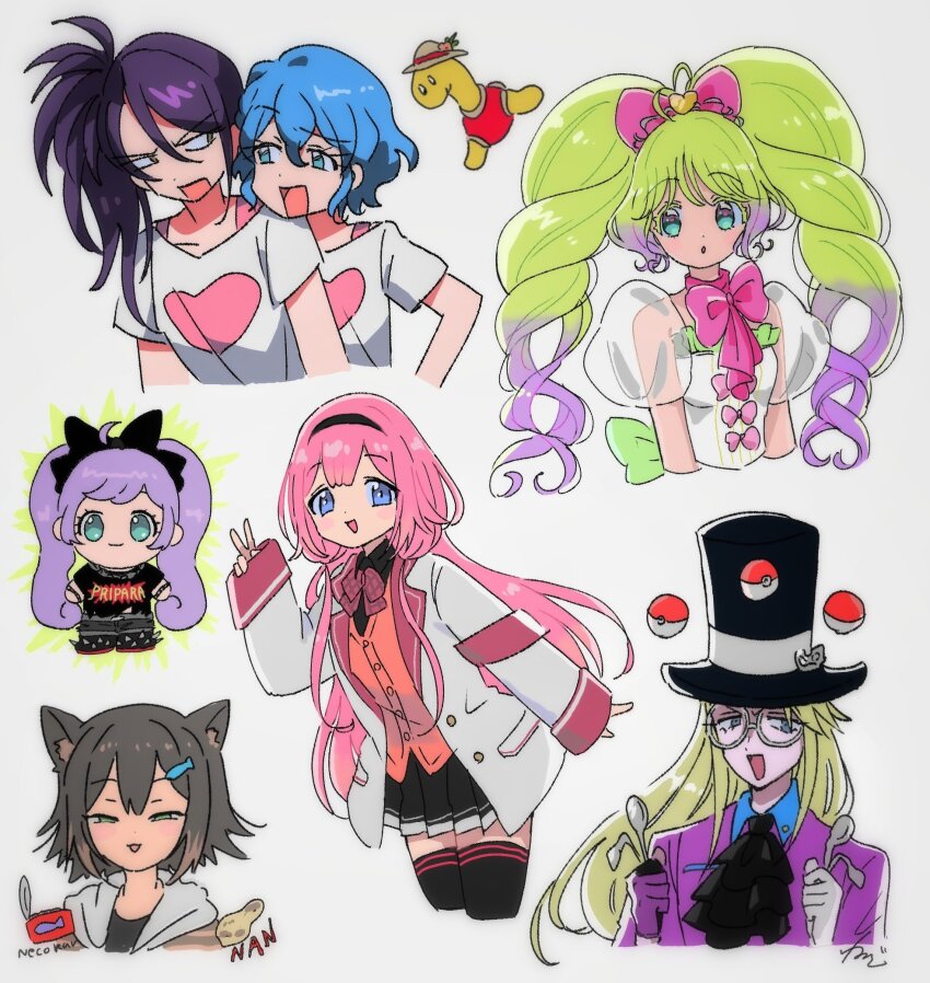 1boy 6+girls :d ahoge animal_ears armband ascot avery_(pokemon) black_ascot black_hairband black_shirt blonde_hair blue_eyes blue_hair bow bowtie braid brown_hair cat_ears cat_girl closed_mouth collared_shirt commentary_request cropped_legs cropped_torso dorothy_west fish_hair_ornament floating floating_object fumino_tamaki fumino_tamaki_(1st_costume) gen_2_pokemon glasses green_eyes green_hair hair_bow hair_ornament hairband hand_up hat head_on_another&#039;s_shoulder highres hood hood_down jacket laalulu long_hair long_sleeves looking_at_viewer looking_to_the_side manaka_laala multicolored_hair multiple_girls nijisanji nintendo open_mouth pink_bow pink_hair plaid_bow plaid_bowtie plaid_clothes poke_ball poke_ball_(basic) pokemon pokemon_(creature) pokemon_swsh pretty_series pripara puffy_short_sleeves puffy_sleeves purple_hair red_armband rituyama1 round_eyewear school_uniform selene_girls_school_uniform shirt short_hair short_sleeves shuckle side_ponytail smile standing suo_sango suo_sango_(1st_costume) t-shirt telekinesis top_hat toudou_shion twintails very_long_hair virtual_youtuber white_jacket white_shirt