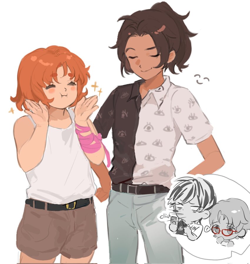 2boys 2girls ? alternate_costume arms_up bandaged_arm bandages baxter_ward belt black_hair black_shirt blush brown_hair cargo_shorts chibi chibi_inset closed_eyes cove_holden cowboy_shot curtained_hair glasses hands_on_headwear happy high_ponytail highres holding holding_phone in-franchise_crossover looking_at_another multicolored_hair multicolored_shirt multiple_boys multiple_girls orange_hair our_life:_beginnings_and_always our_life:_now_and_forever phone ponytail qiu_lin_(our_life) shirt short_hair shorts smug sparkle spoken_question_mark taking_picture tamarack_baumann tank_top white_hair white_shirt white_tank_top xrsjbz