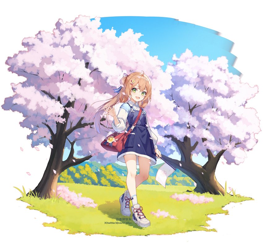 1girl aged_down ahoge bag blue_dress blue_sky brown_hair cherry_blossoms collared_shirt commission crossed_bangs double-parted_bangs dress flag flower ge_zhong_kuaile girls&#039;_frontline green_eyes hair_between_eyes hair_flower hair_ornament hair_ribbon hairpin handbag highres holding holding_flag long_hair long_sleeves looking_at_viewer multiple_hairpins on_grass open_mouth outdoors pixiv_commission pixiv_username ribbon shirt shoes sky smile socks solo springfield_(girls&#039;_frontline) tree twitter_username walking waving white_flag white_shirt white_shoes white_socks