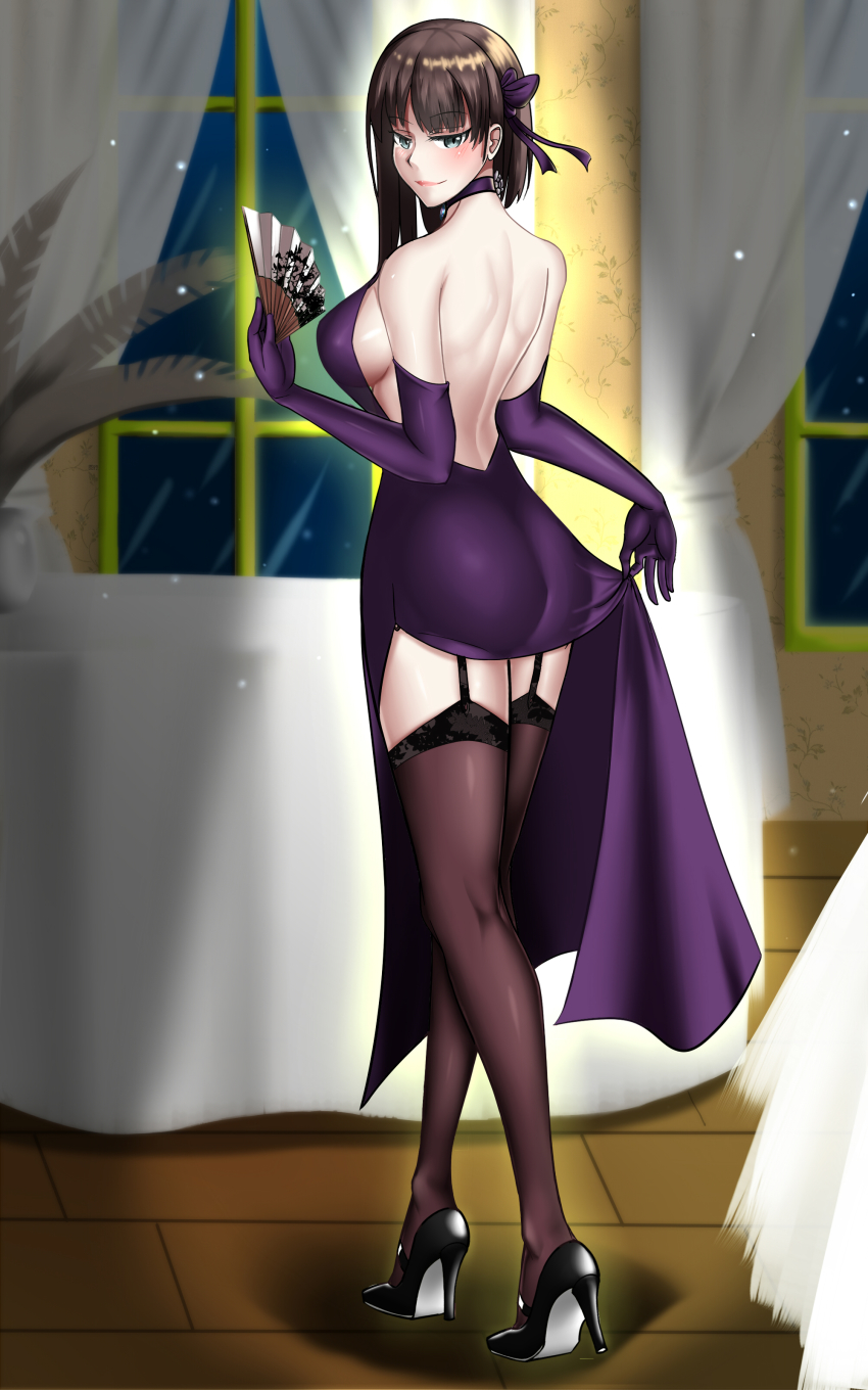 absurdres alternate_breast_size bare_shoulders black_legwear breasts dress garter_belt green_eyes high_heels highres large_breasts purple_dress short_hair solo warship_girls_r wisconsin_(warship_girls_r) xian_ting_xinbu