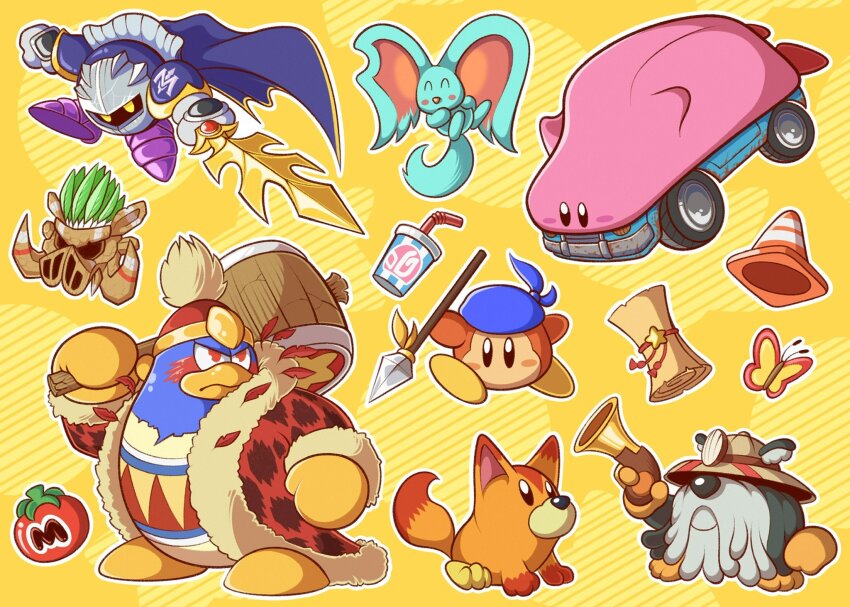 animal_ears armor awoofy bandana bandana_waddle_dee bernard_(kirby) blue_bandana bug butterfly car car_mouth colored_skin cup disposable_cup dog_ears elfilin galaxia_(sword) hammer highres holding holding_hammer holding_polearm holding_sword holding_weapon insect king_dedede kirby kirby_(series) kirby_and_the_forgotten_land mask maxim_tomato motor_vehicle mouthful_mode nintendo notched_ear outline pauldrons pink_skin polearm red_eyes seaguns shoulder_armor spear star_(symbol) sword traffic_cone unworn_mask weapon white_outline yellow_background