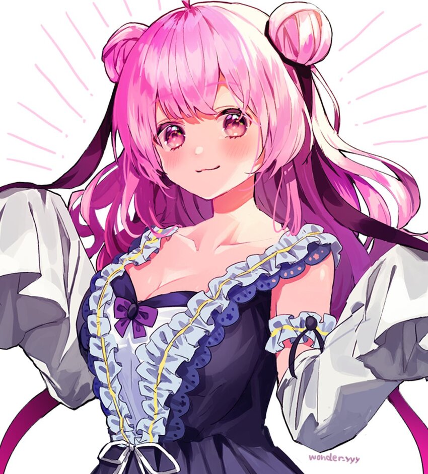 1girl :3 armband artist_name black_dress blush bow breasts cleavage closed_mouth commentary_request detached_sleeves double_bun dress emphasis_lines frilled_armband frills hair_bun hair_ribbon hands_up highres indie_virtual_youtuber koruku_rochi kuroda_(kuro_yyy) large_breasts long_hair long_sleeves looking_at_viewer pink_eyes pink_hair purple_bow purple_ribbon ribbon signature simple_background sleeveless sleeveless_dress sleeves_past_fingers sleeves_past_wrists solo upper_body very_long_sleeves virtual_youtuber white_background white_sleeves