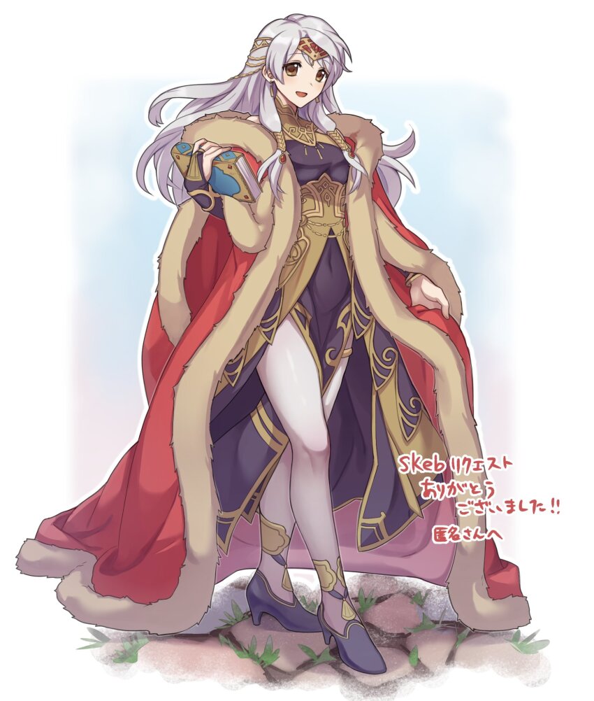 1girl black_dress black_gloves book braid cape circlet coat commission dress fingerless_gloves fire_emblem fire_emblem:_radiant_dawn fire_emblem_heroes fur_trim gloves grey_hair high_heels highres long_hair looking_at_viewer micaiah_(fire_emblem) micaiah_(radiant_queen)_(fire_emblem) nintendo nyo02921978 official_alternate_costume open_mouth pantyhose red_cape red_coat simple_background skeb_commission solo standing turtleneck turtleneck_dress twin_braids white_pantyhose yellow_eyes