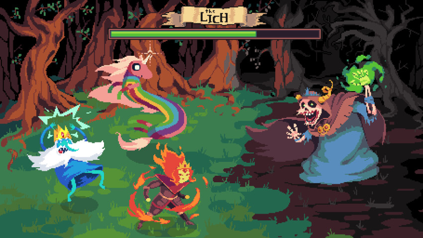 2boys 2girls absurdres adventure_time beard black_robe blue_skin broken_horn brown_cape cape character_name colored_skin crown elemental_(creature) facial_hair fake_screenshot fiery_hair fire fire_elemental flame_princess forehead_jewel green_eyes green_fire health_bar highres hood hood_up hooded_cape horns ice_king ignacio_polo lady_rainicorn lich_(adventure_time) long_hair long_nose magic multiple_boys multiple_girls no_eyebrows open_mouth orange_skin pink_skin pixel_art rainbow red_hair robe single_horn skull unicorn yellow_skin
