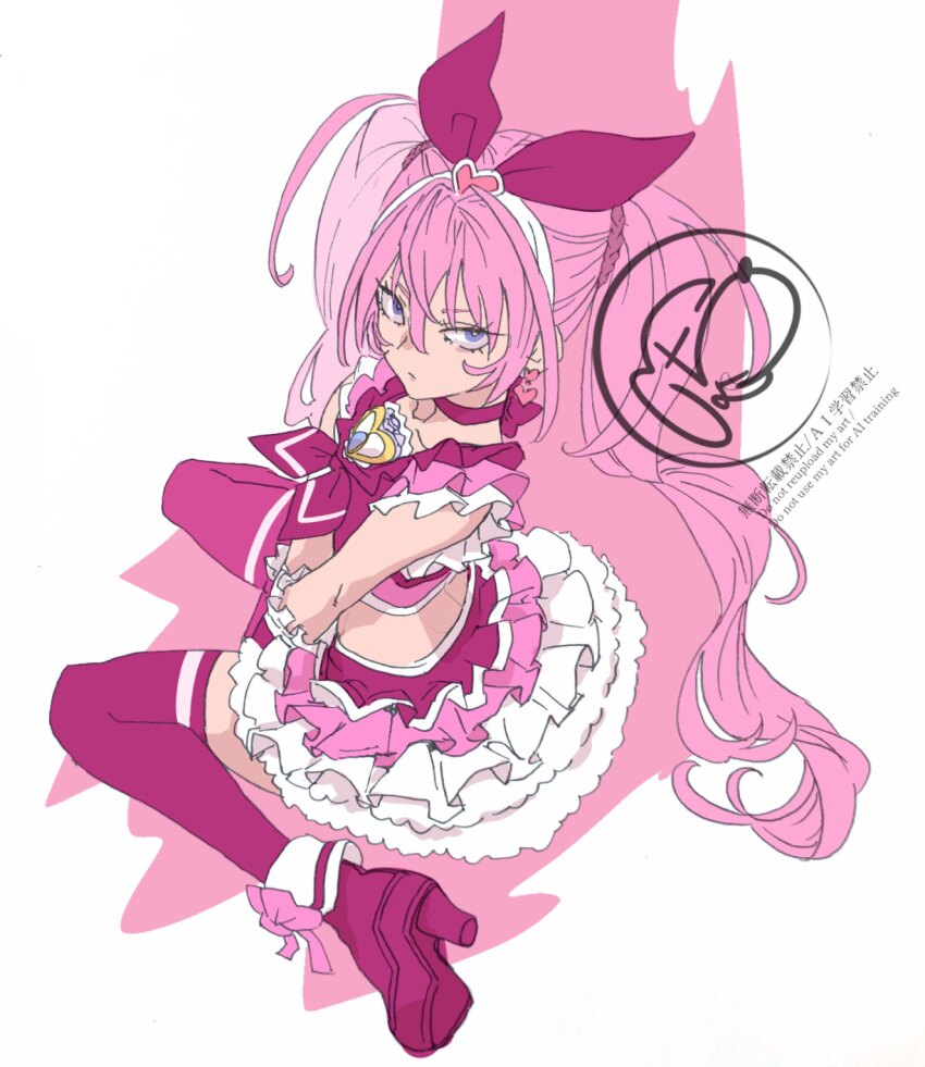 1girl between_legs bow bow_hairband brooch choker chou_haijin_chiyo crop_top cure_melody from_above hair_between_eyes hair_bow hairband hand_between_legs heart heart_brooch highres houjou_hibiki jewelry layered_skirt long_hair midriff multicolored_skirt pink_hair pink_skirt precure purple_eyes red_bow red_choker red_skirt red_thighhighs sitting skirt solo suite_precure thighhighs twintails twintails_with_braided_base very_long_hair wariza white_hairband white_skirt