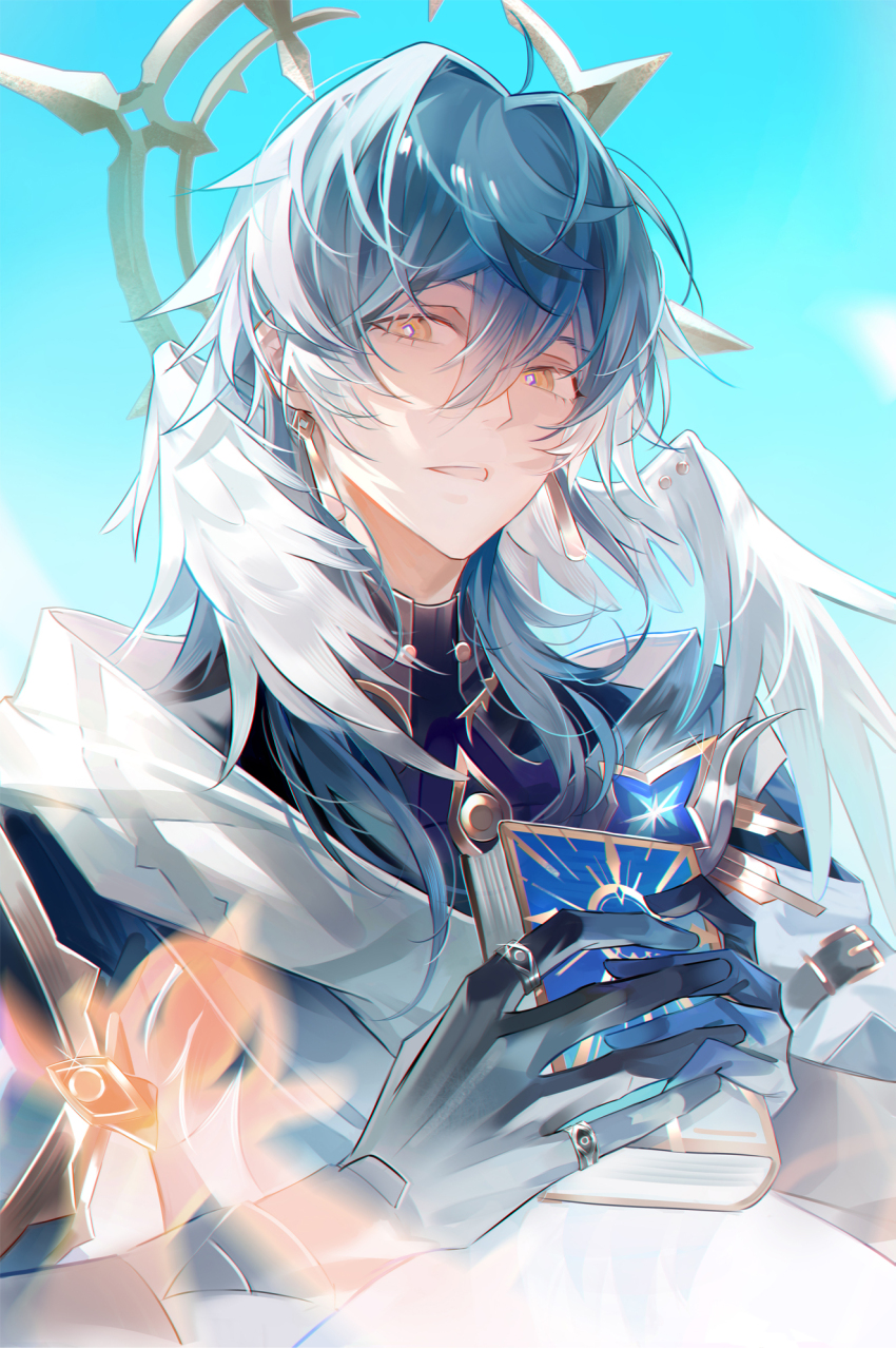 1boy black_gloves blue_sky book earrings gloves grey_hair hair_between_eyes halo head_wings high_collar highres holding holding_book honkai:_star_rail honkai_(series) jewelry long_hair looking_to_the_side male_focus mechanical_halo multiple_rings parted_lips ring sanse_(sssei_33) sky solo sunday_(honkai:_star_rail) upper_body white_wings wings yellow_eyes