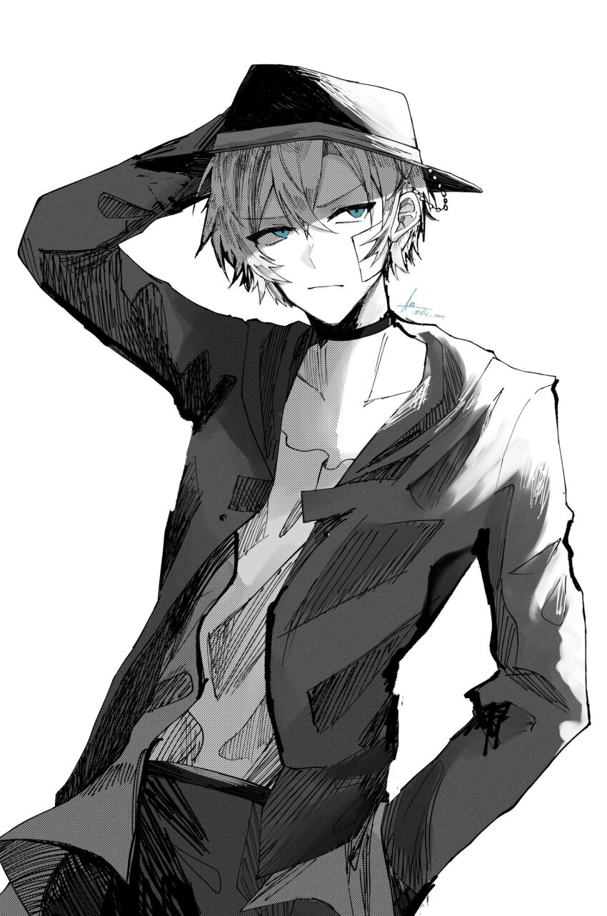 1boy arm_behind_head arm_up bandage_on_face bandages blue_eyes bungou_stray_dogs choker closed_mouth cowboy_shot greyscale hand_in_pocket hat highres jacket lie_nnn male_focus monochrome nakahara_chuuya pants shirt short_hair simple_background solo spot_color standing