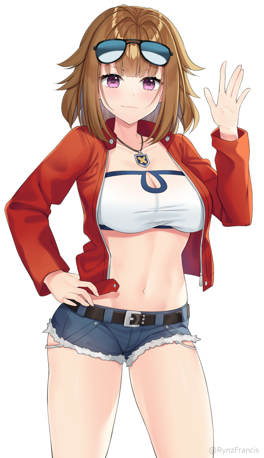 1girl absurdres bandeau belt black_belt blush breasts brown_hair cleavage commentary commission cosplay cowboy_shot cutoffs denim denim_shorts english_commentary eyewear_on_head fate/apocrypha fate_(series) girls&#039;_frontline grizzly_mkv_(girls&#039;_frontline) hair_intakes hand_on_own_hip hand_up highres jacket jewelry large_breasts long_sleeves looking_at_viewer micro_shorts midriff mordred_(fate) mordred_(fate)_(cosplay) mordred_(fate/apocrypha) mordred_(memories_at_trifas)_(fate) navel necklace open_clothes open_jacket purple_eyes red_jacket rynzfrancis short_hair shorts simple_background smile solo standing stomach strapless sunglasses thighs tube_top white_background