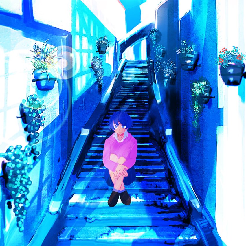 1girl blue_eyes blue_hair blue_skirt blue_theme blush closed_mouth commentary_request flower fujii_ayame full_body futsuu_no_keion-bu highres hood hoodie hugging_own_legs medium_hair nogi_yuni outdoors plant potted_plant purple_hoodie shoes sitting sitting_on_stairs skirt solo stairs wolf_cut