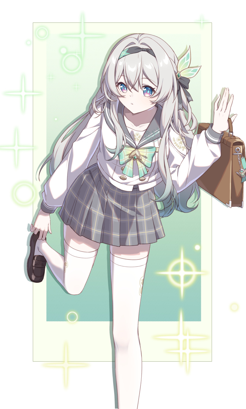 1girl absurdres adjusting_footwear bag black_bow black_hairband black_sailor_collar blue_eyes blue_pupils border bow bowtie brown_bag brown_shoes character_charm charm_(object) collarbone commentary_request firefly_(honkai:_star_rail) firefly_(spring_missive)_(honkai:_star_rail) gradient_hair green_bow green_bowtie green_hair grey_hair grey_skirt hair_bow hairband highres honkai:_star_rail honkai_(series) loafers long_hair long_sleeves looking_at_viewer luyue multicolored_eyes multicolored_hair official_alternate_costume parted_lips plaid_clothes plaid_skirt pleated_skirt purple_eyes sailor_collar sam_(honkai:_star_rail) school_bag school_uniform shirt shoes skirt solo thighhighs two-tone_eyes white_border white_shirt white_thighhighs zettai_ryouiki