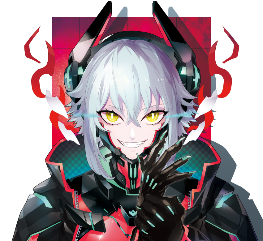 1girl black_jacket bodysuit breasts cropped_jacket highres horns jacket large_breasts looking_at_viewer mechanical_horns medium_hair open_mouth puppeteer7777 red_bodysuit sidelocks slit_pupils smile solo upper_body virtual_youtuber vshojo white_hair yellow_eyes zentreya zentreya_(cyborg) zentreya_(cyborg)_(1st_costume)