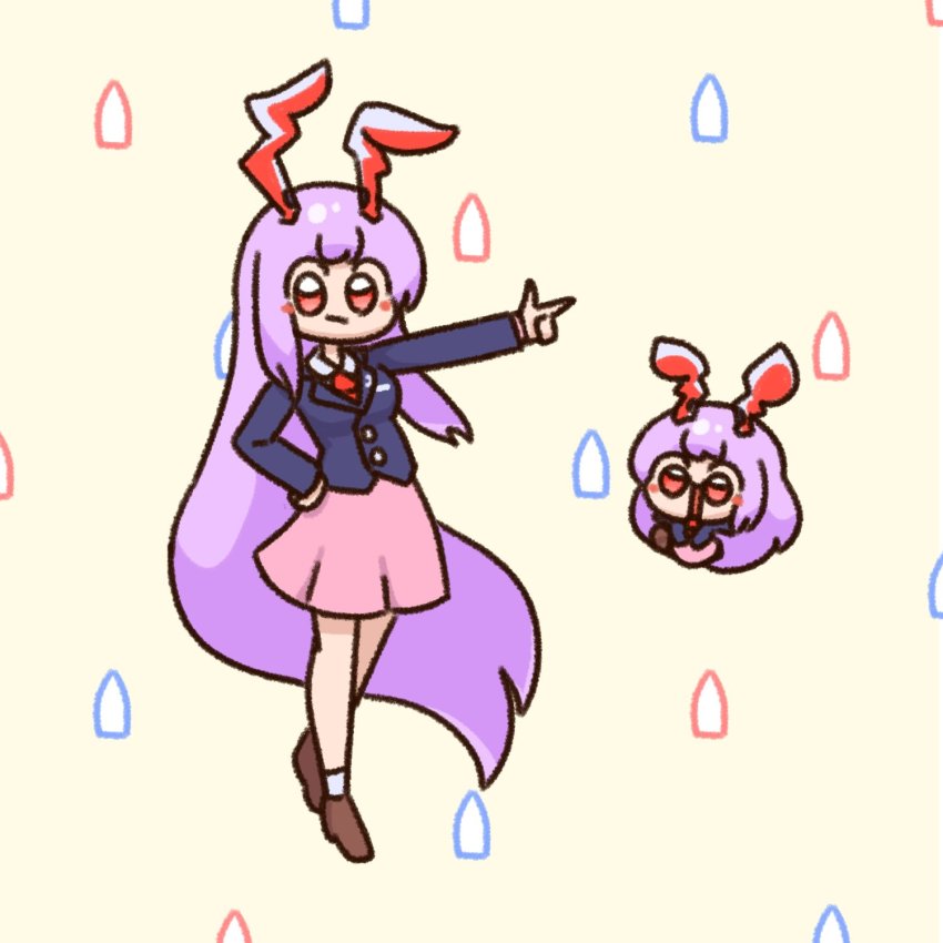 1girl animal_ears blazer brown_footwear closed_mouth collared_shirt commentary commission english_commentary full_body highres jacket long_hair long_sleeves looking_at_viewer multiple_views necktie numenoko pink_skirt purple_hair rabbit_ears red_eyes red_necktie reisen_udongein_inaba shirt simple_background skirt socks tan_tan_pou touhou very_long_hair white_background white_shirt white_socks