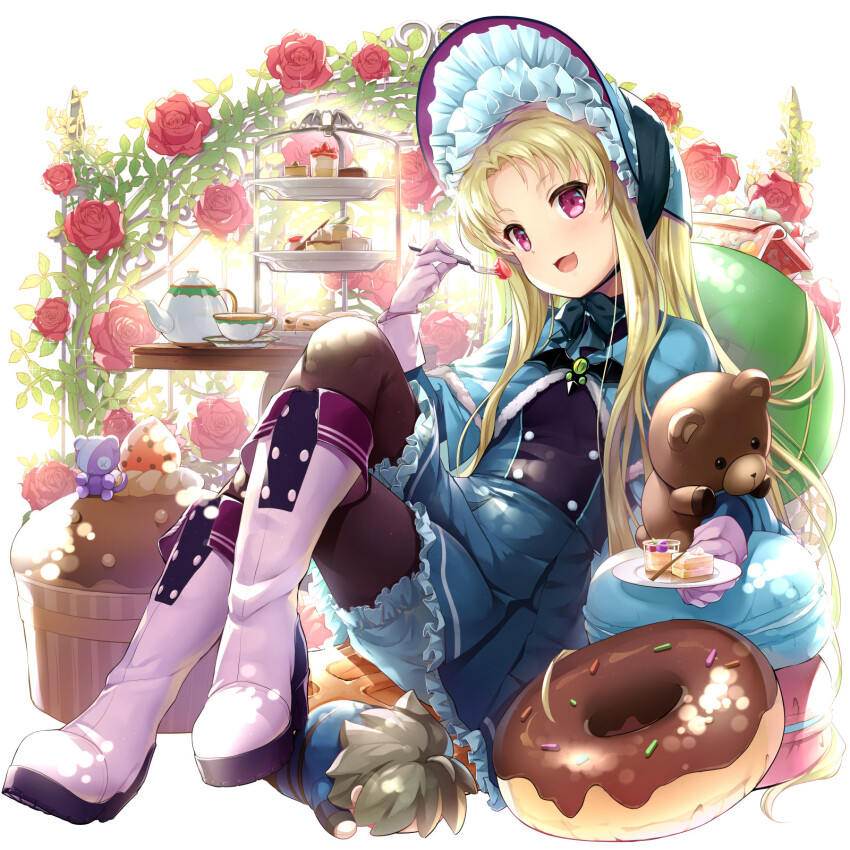 1girl blonde_hair bloomers blue_bloomers blue_capelet blue_skirt bonnet boots capelet character_doll chocolate_donut chocolate_icing classic_lolita commentary_request crossed_legs cup donut flat_chest flower food fork highres holding holding_fork icing kaitou_tenshi_twin_angel kouzu_shou lolita_fashion long_hair looking_at_viewer macaron muffin open_mouth pantyhose pastry purple_boots red_eyes rose salome_(twin_angel_3) skirt sprinkles stuffed_animal stuffed_toy sweets tea teacup teapot teddy_bear tiered_tray twin_angel underwear